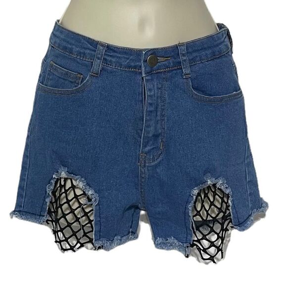 Banjul Women’s Blue Jean Shorts with Black Stocking Cut Outs Size Small - Picture 1 of 15